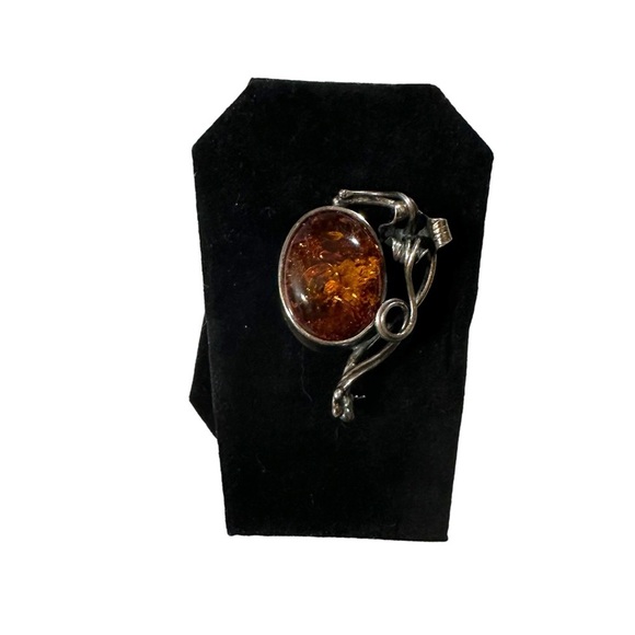 Vtg Signed M 925 Sterling Silver Natural Amber Cabochon Floral Brooch Pin 2” 13g - Picture 16 of 16